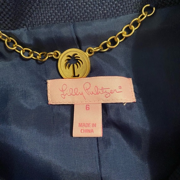 LILLY PULITZER Military Cropped Blazer Band Jacket Linen Cotton Navy Blue Career - Picture 13 of 16